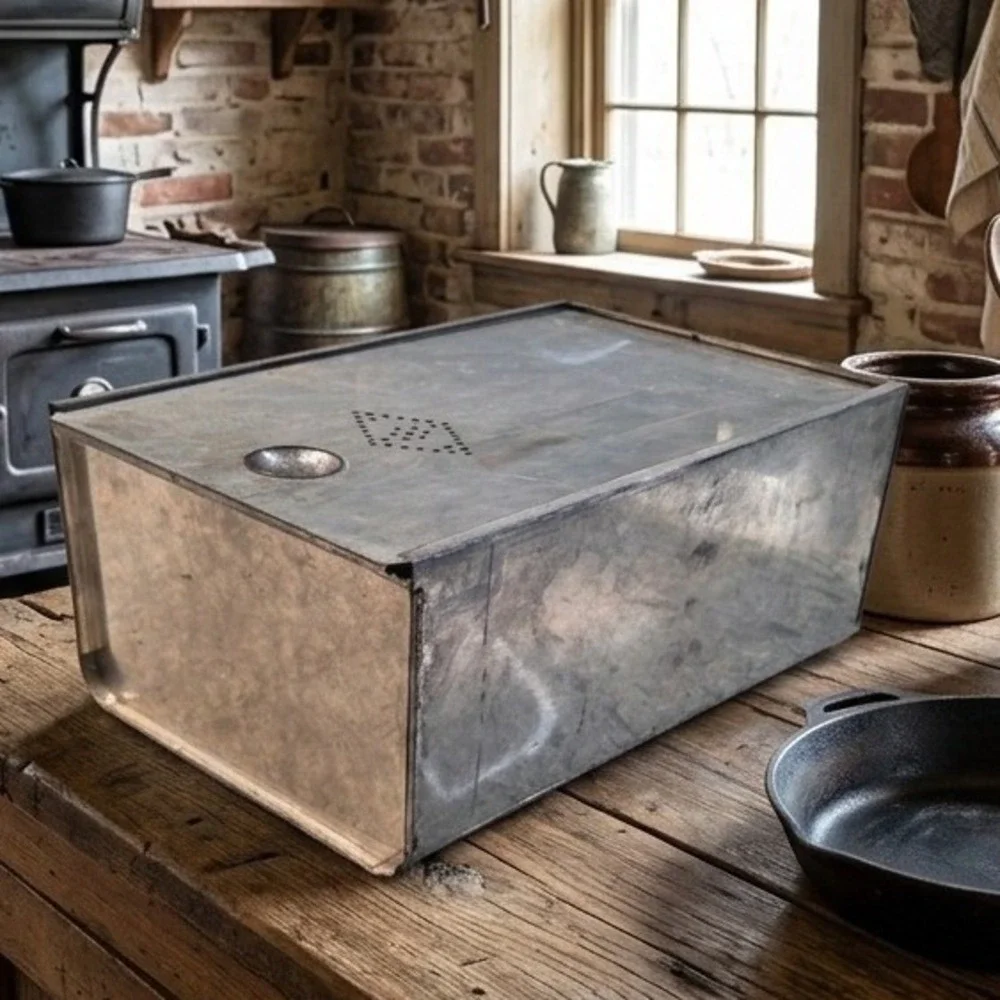 Vintage Galvanized Metal Bread Box Rustic Farmhouse Sliding Lid Kitchen Storage